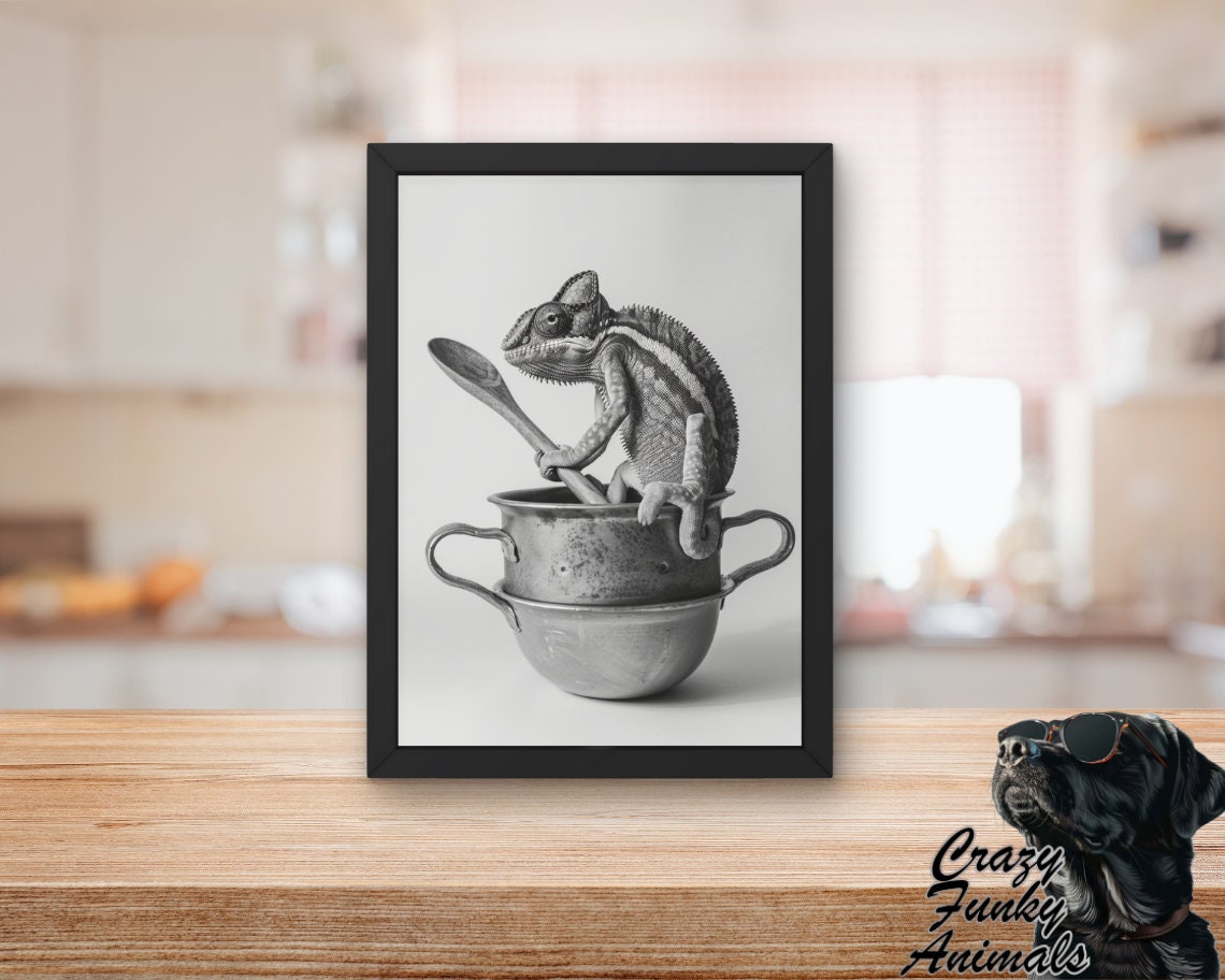 Funny Chameleon Stirring Pots with a Wooden Spoon Kitchen Poster - Image 2