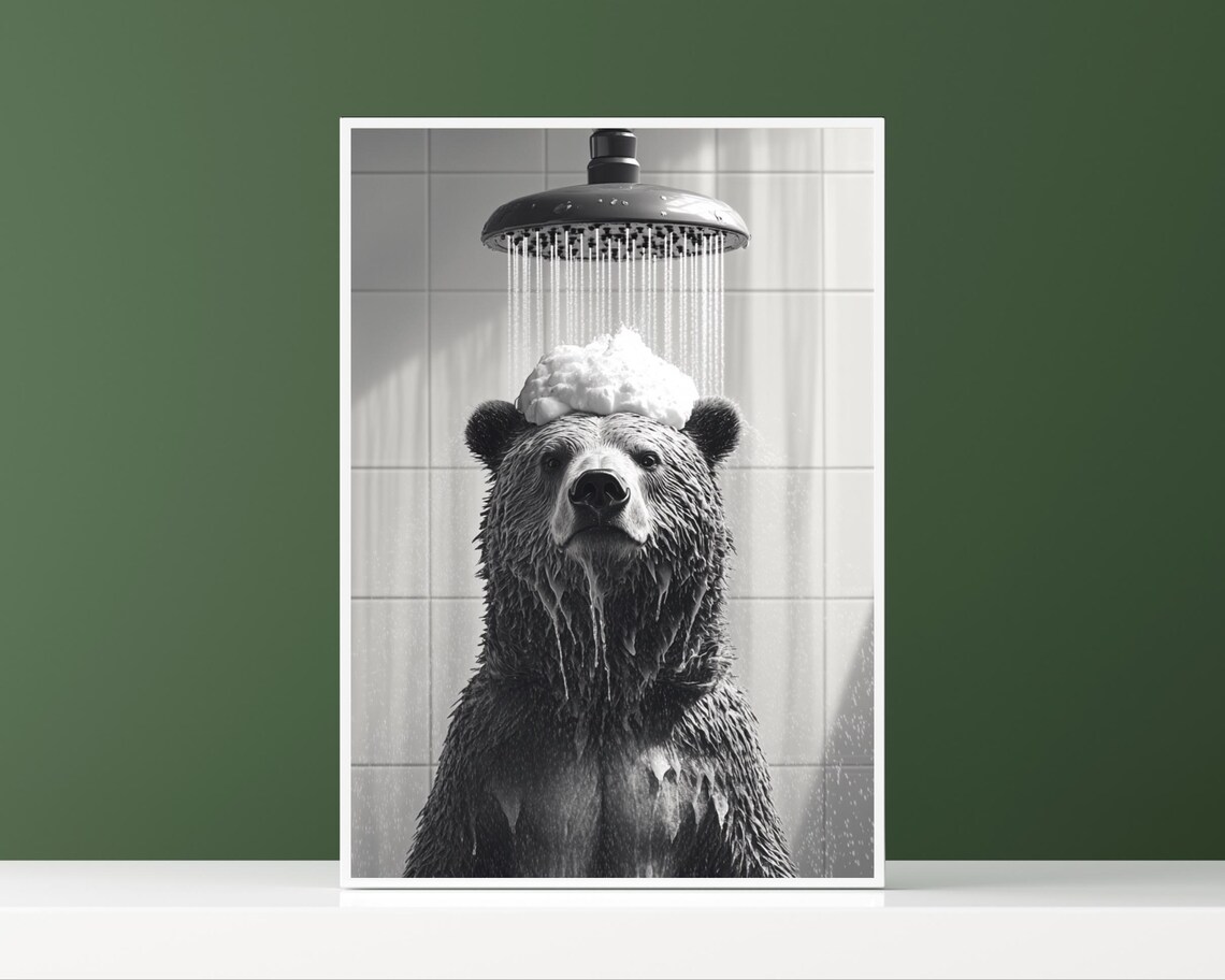 Bear Taking a Shower with Soap Foam Funny Bathroom Black and White Poster - Image 2