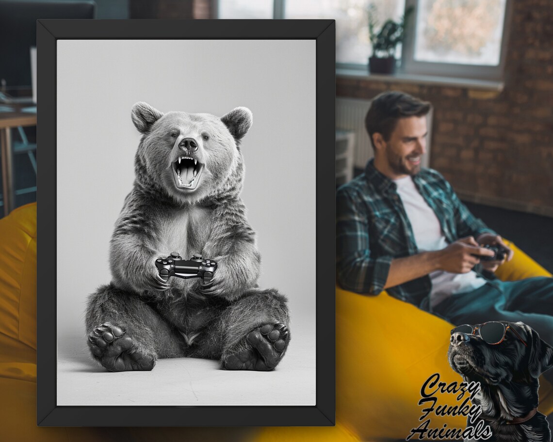 Funny Bear With Controller, Gamer Gift Art - Image 3