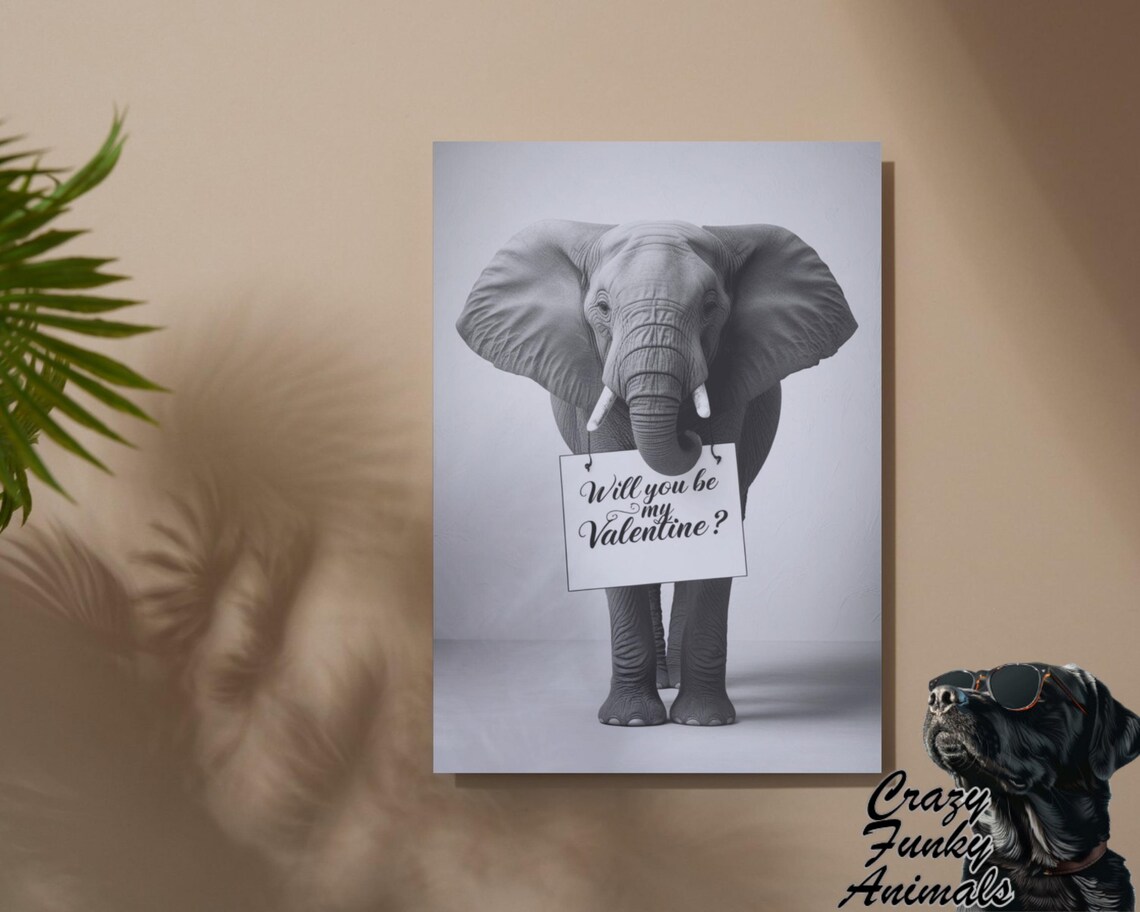 Elephant Holding Will You Be My Valentine Sign Black and White Poster - Image 2