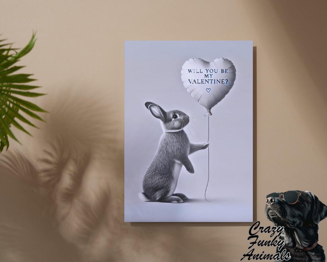 Bunny Holding Will You Be My Valentine Heart Balloon Funny Poster - Image 2