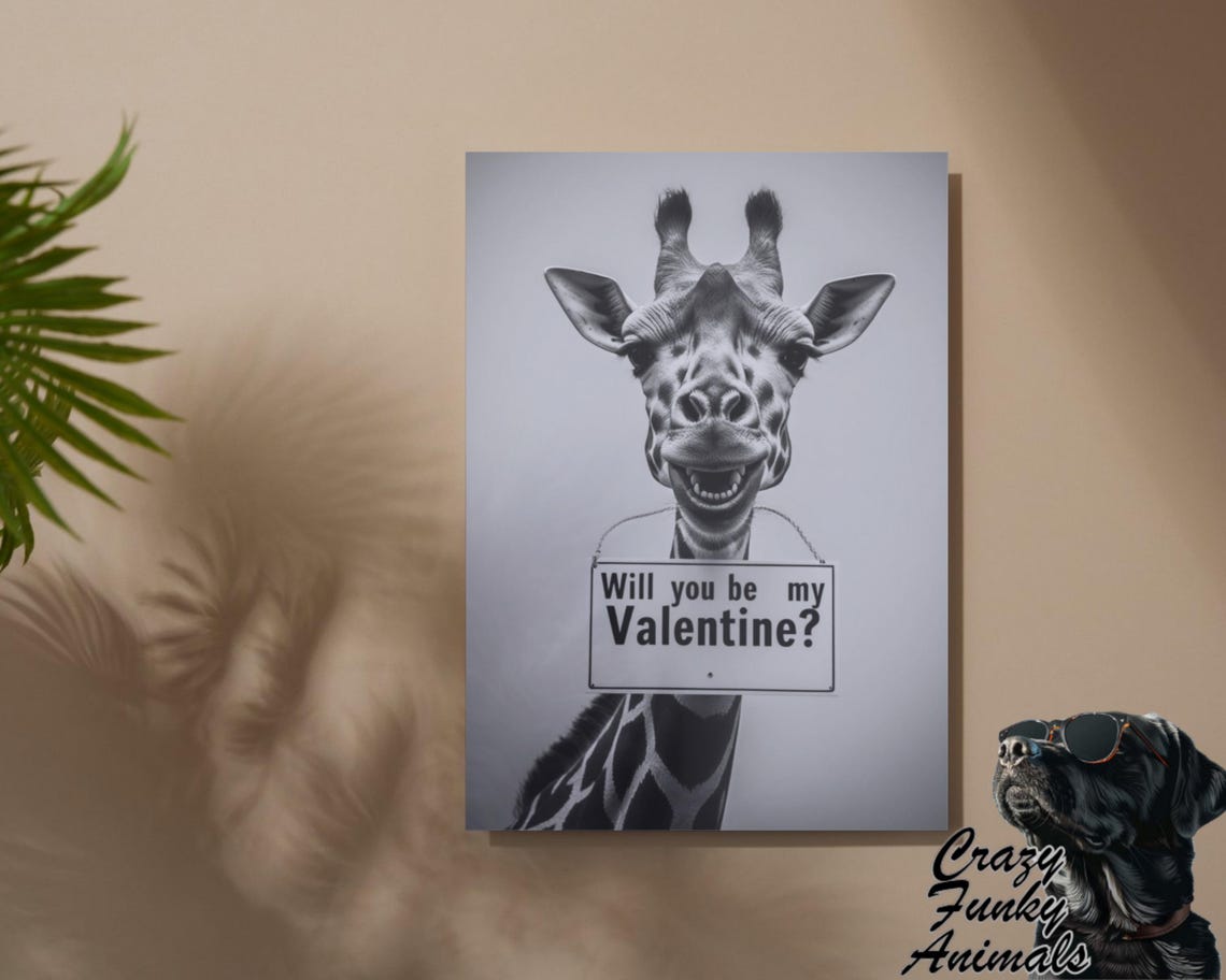 Smiling Giraffe Holding Will You Be My Valentine Sign Funny Poster - Image 2