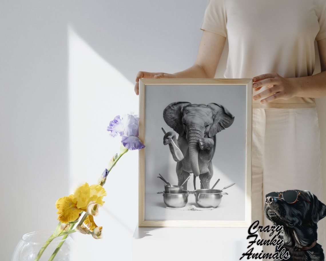 Funny Baby Elephant Cooking with Pots and Spoons Kitchen Poster - Image 3