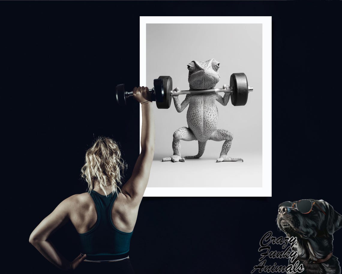 Funny Fitness Poster Chameleon With Barbell Humorous Animal Art Gift For Fitness Enthusiasts Animal Illustration - Image 3
