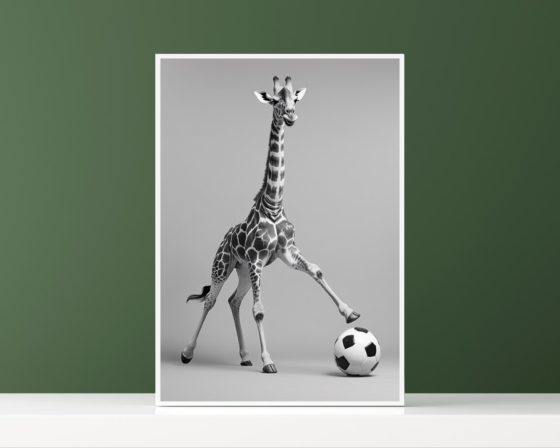 Giraffe Playing Soccer, Humorous Animal Poster - Image 3
