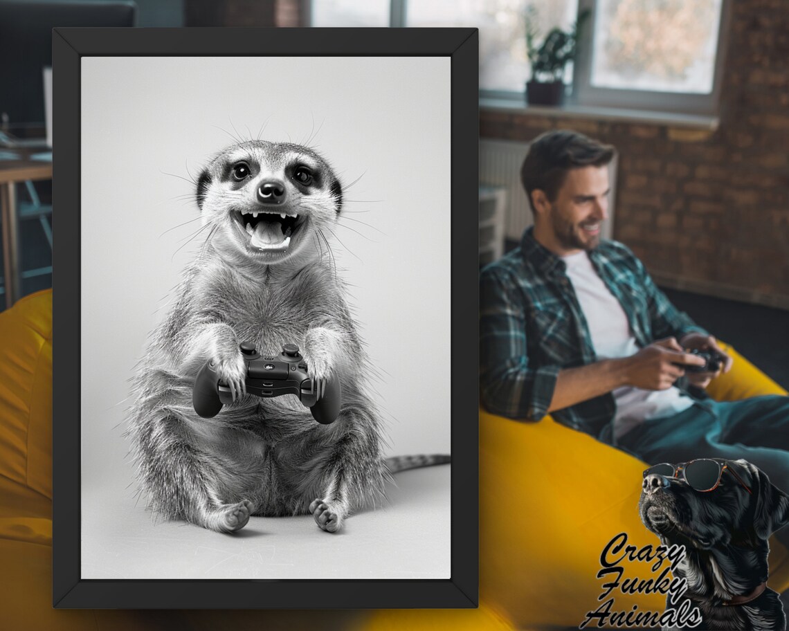 Happy Meerkat Gamer Holding a Video Game Controller Funny Poster - Image 3