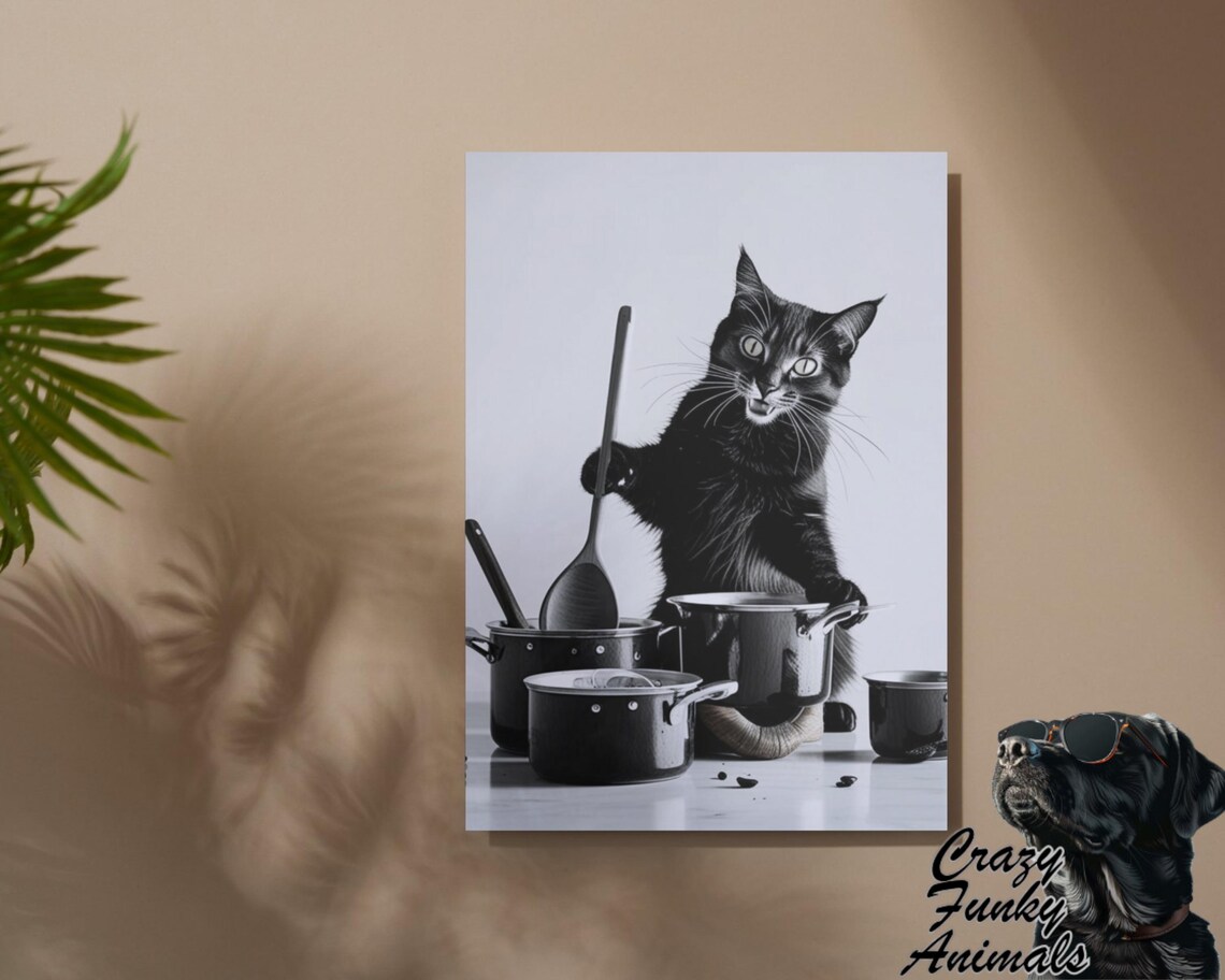 Black Cat Stirring Pots with a Spoon Funny Kitchen Black and White Poster - Image 2