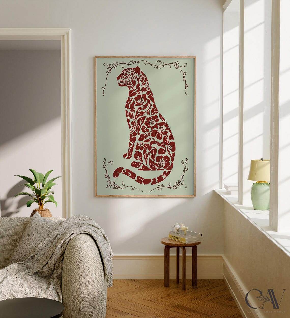 Red Floral Leopard Silhouette Botanical Cutout on Sage Poster - Image 3