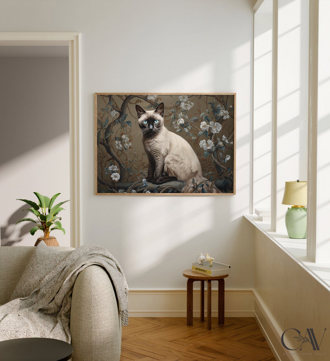 Siamese Cat With Blue Eyes Among White Blossom Branches Poster - Image 2