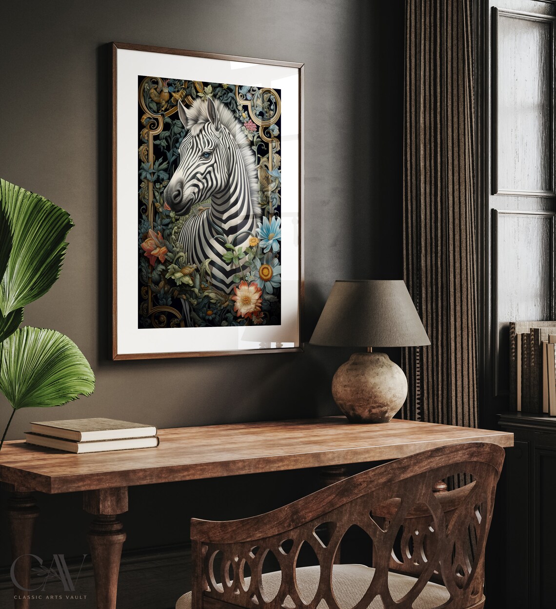 Zebra Portrait in Ornate Gold Frame with Dark Botanical Art Print - Image 4
