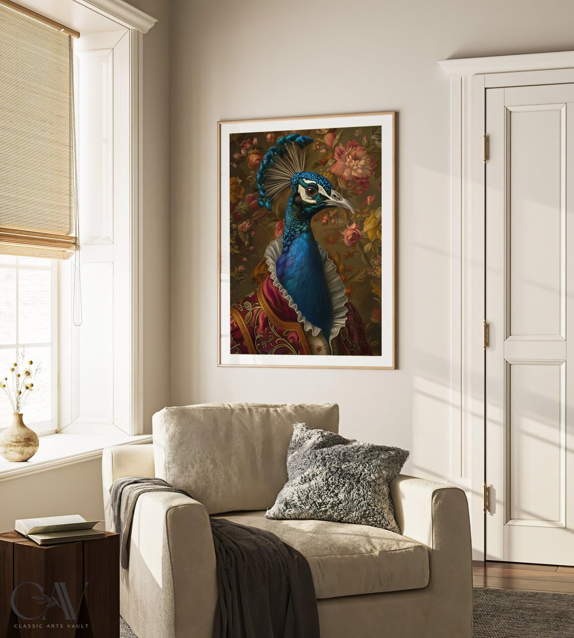 Peacock Royal Renaissance Portrait Red Brocade Coat Bird Wall Art - Image 4