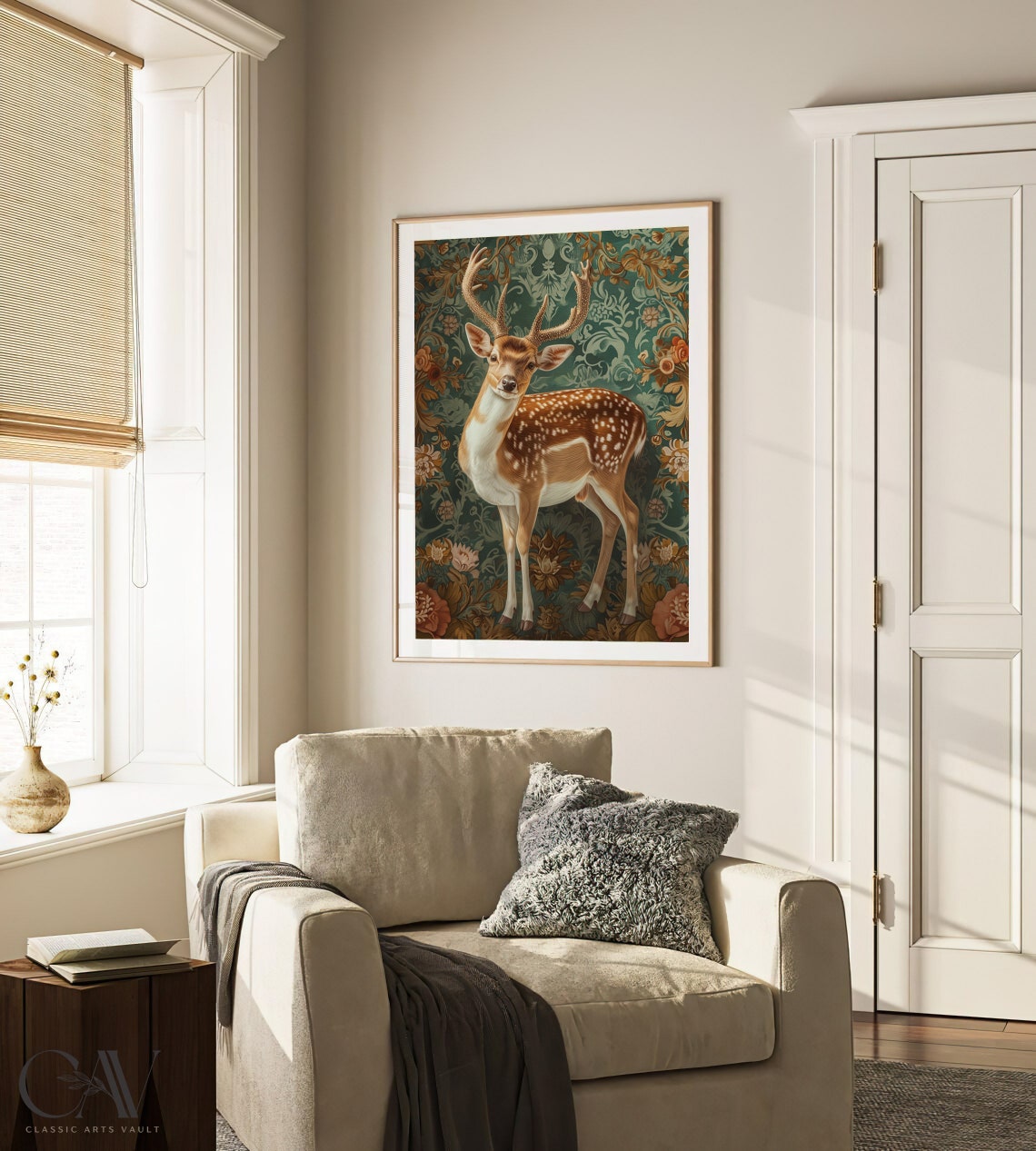 Spotted Fallow Deer Stag on Teal Baroque Floral Damask Poster - Image 3
