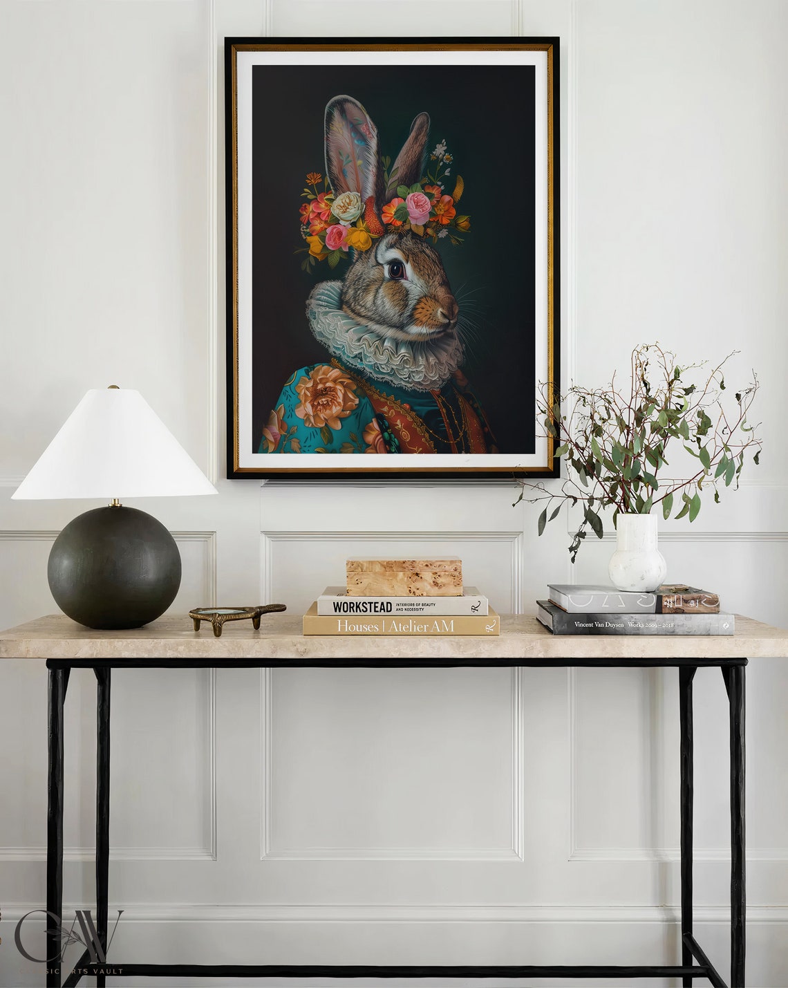 Rabbit Lace Ruff Flower Crown Regal Maximalist Portrait Wall Art - Image 3