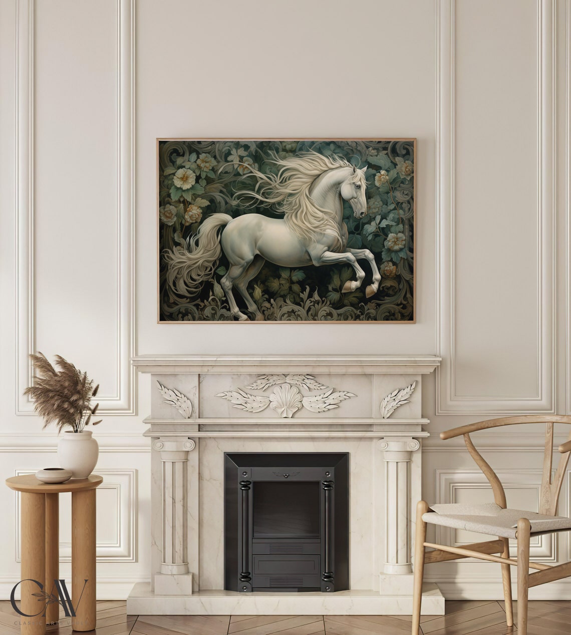 Galloping White Horse In Dark Floral Meadow Equestrian Poster - Image 4