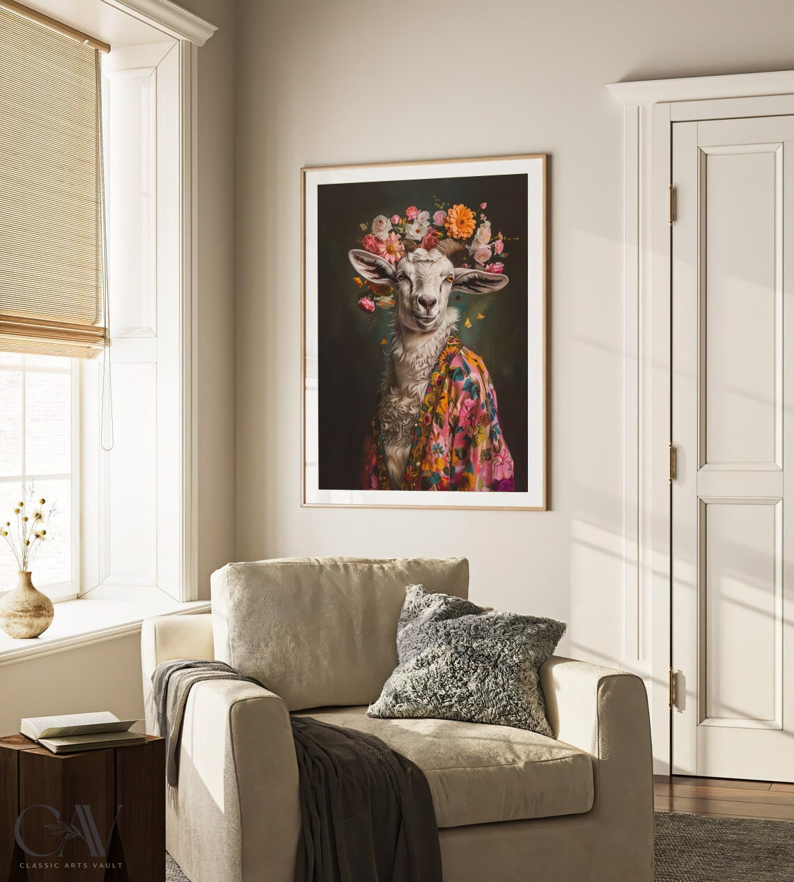 Goat in Flower Crown and Pink Floral Robe Maximalist Art Print - Image 4
