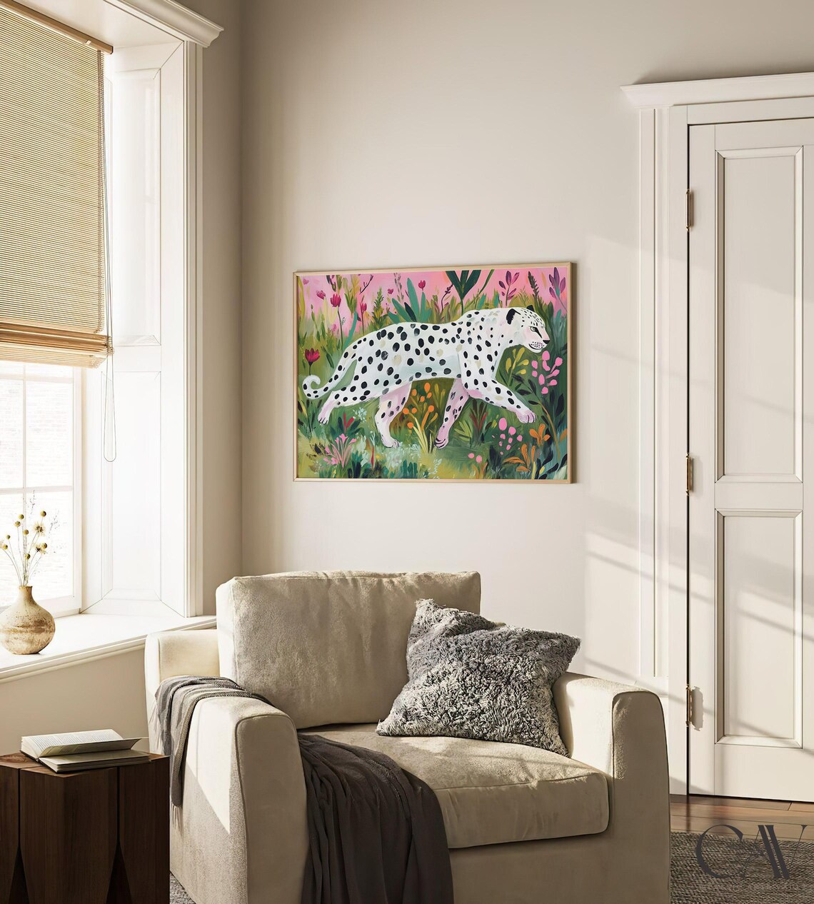 White Cheetah with Black Spots in Pink Flowering Jungle Poster - Image 4