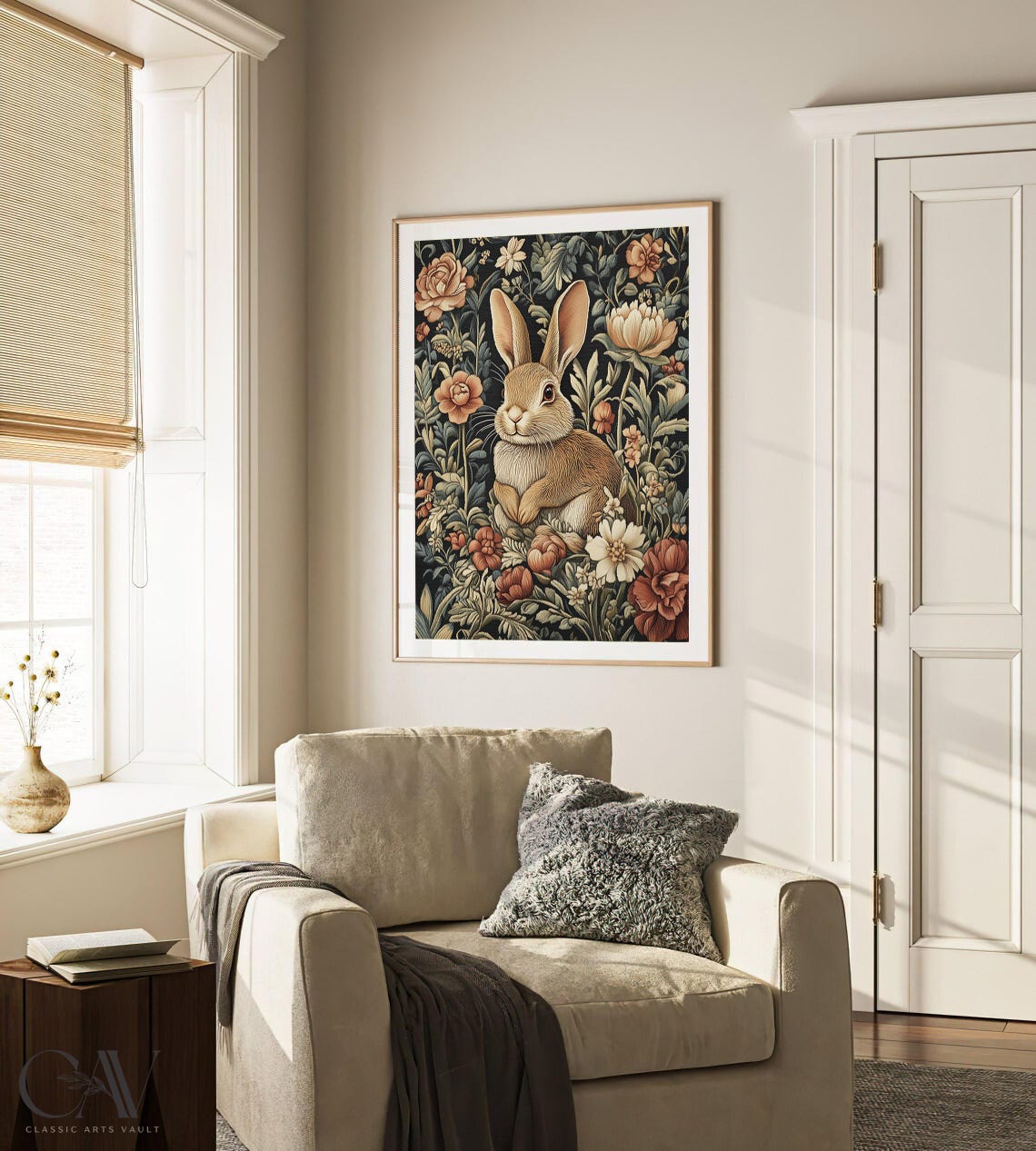 Brown Rabbit Amid Peony Blossoms Dark Floral Tapestry Art Poster - Image 4