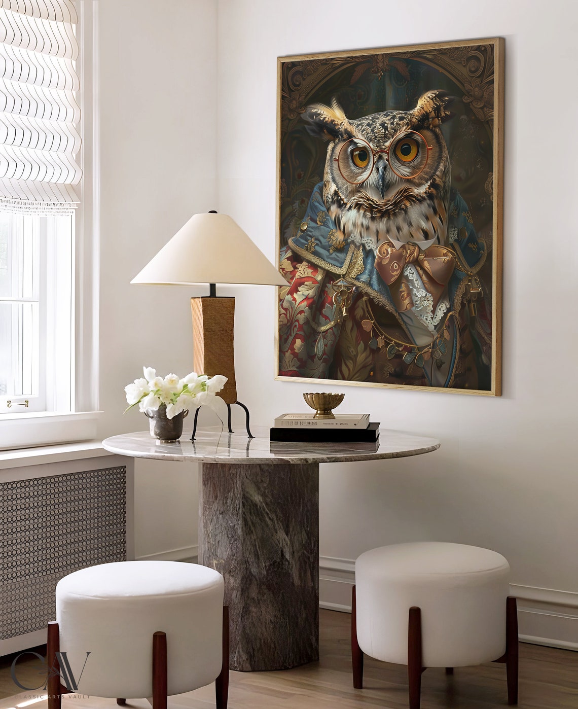 Owl in Spectacles and Baroque Brocade Coat Old Master Portrait Poster - Image 4