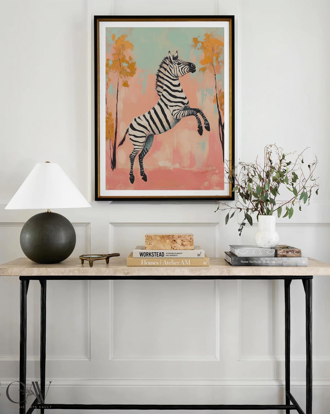 Playful Zebra Rearing Pastel Peach Trees Abstract Safari Poster - Image 4