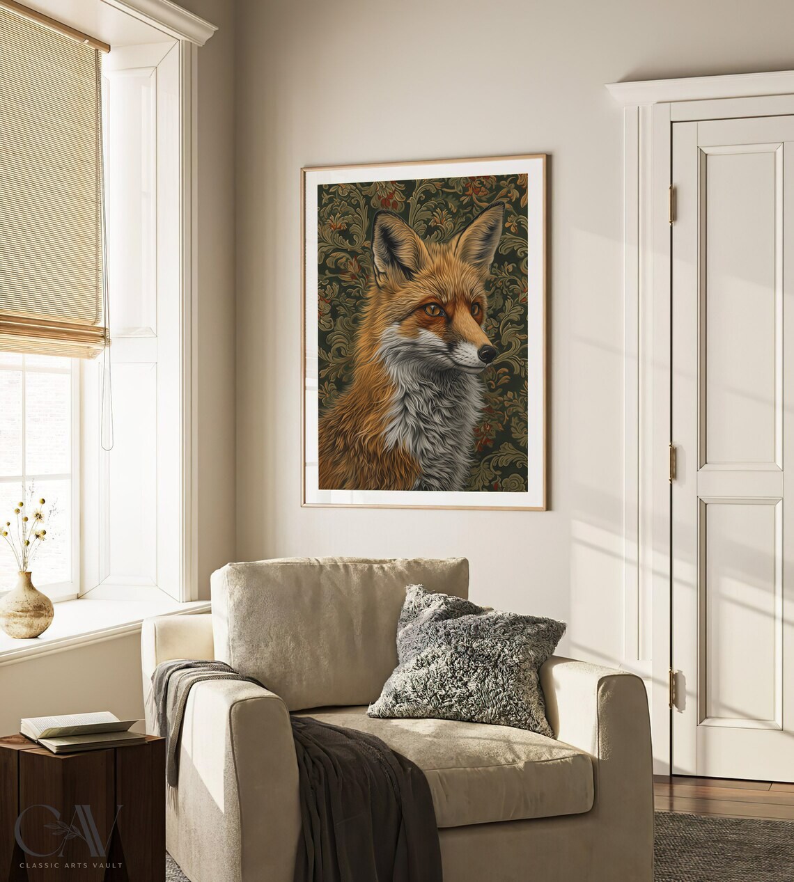 Elegant Red Fox Profile Portrait on Green Gold Damask Art Poster - Image 3