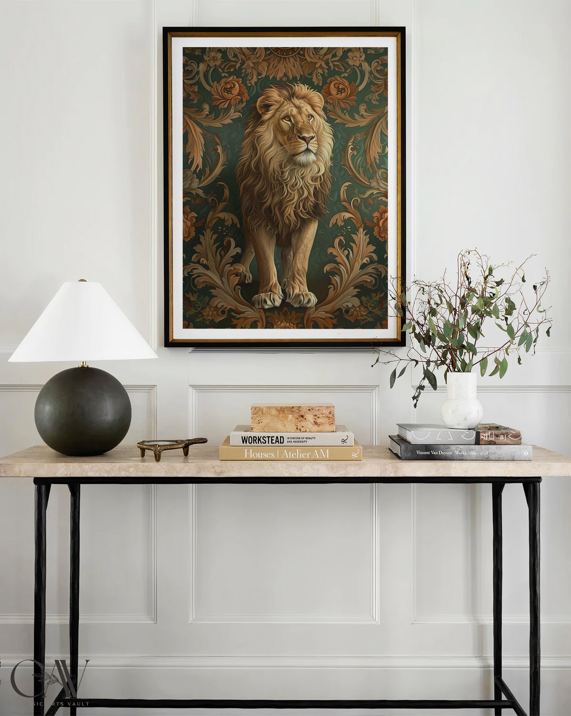 Standing Lion with Flowing Mane on Dark Baroque Damask Poster - Image 3