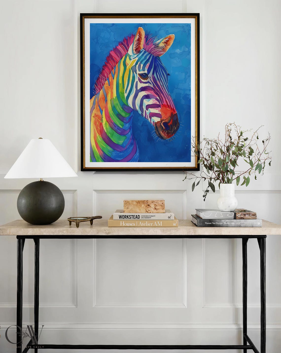Rainbow Zebra Head Portrait Blue Watercolor Background Poster - Image 4