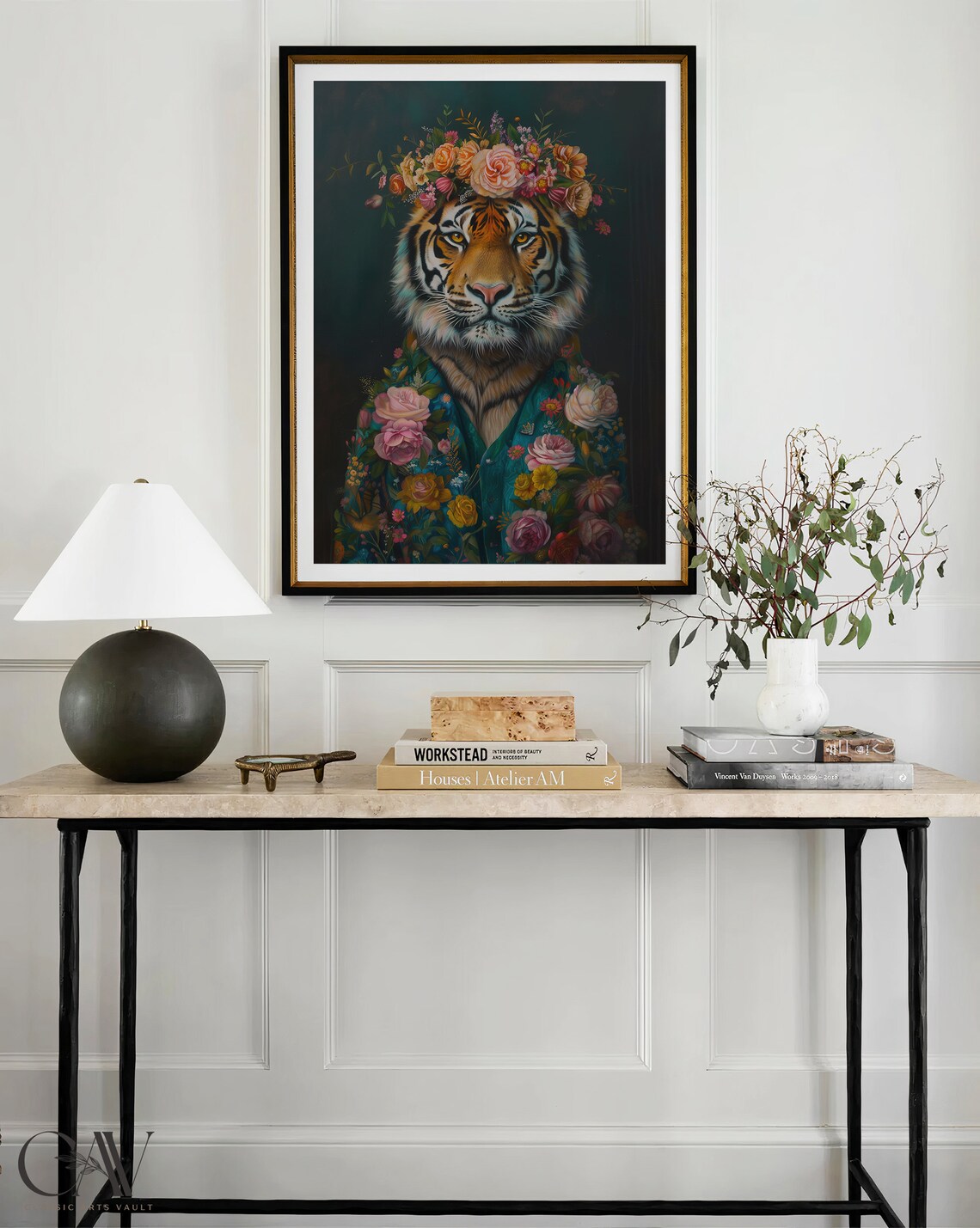 Tiger Wearing Flower Crown and Floral Robe Dark Botanical Portrait Poster - Image 4