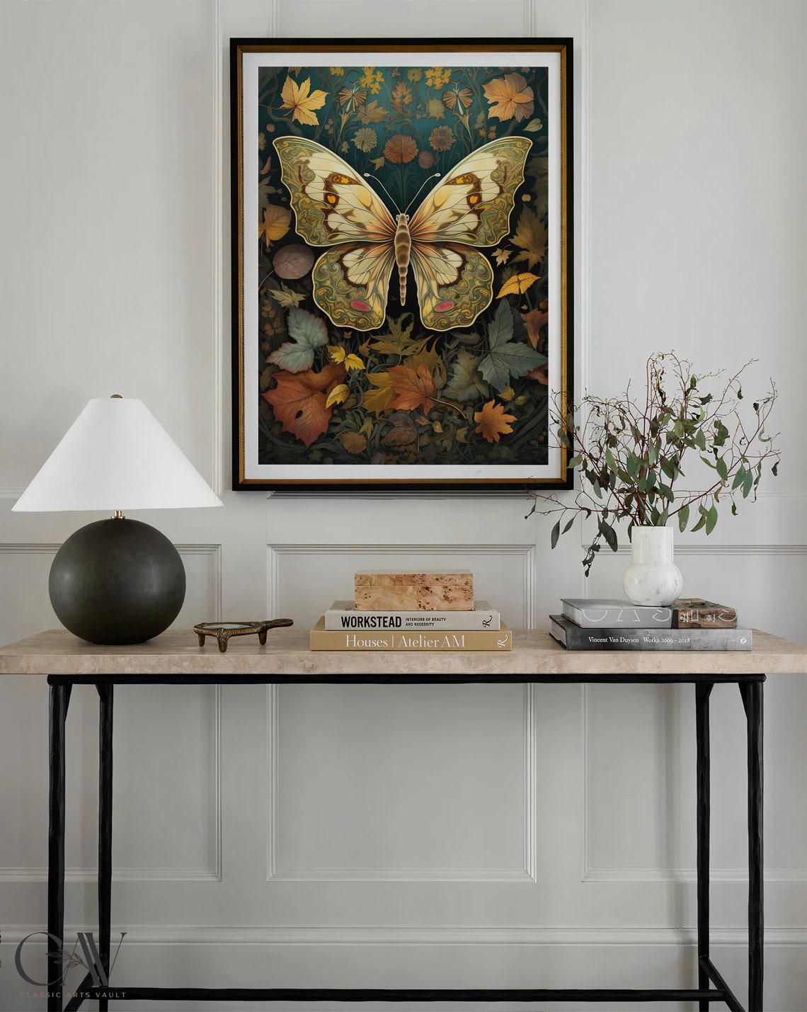 Cream Butterfly On Dark Green Botanical Fall Leaves Art Poster - Image 4