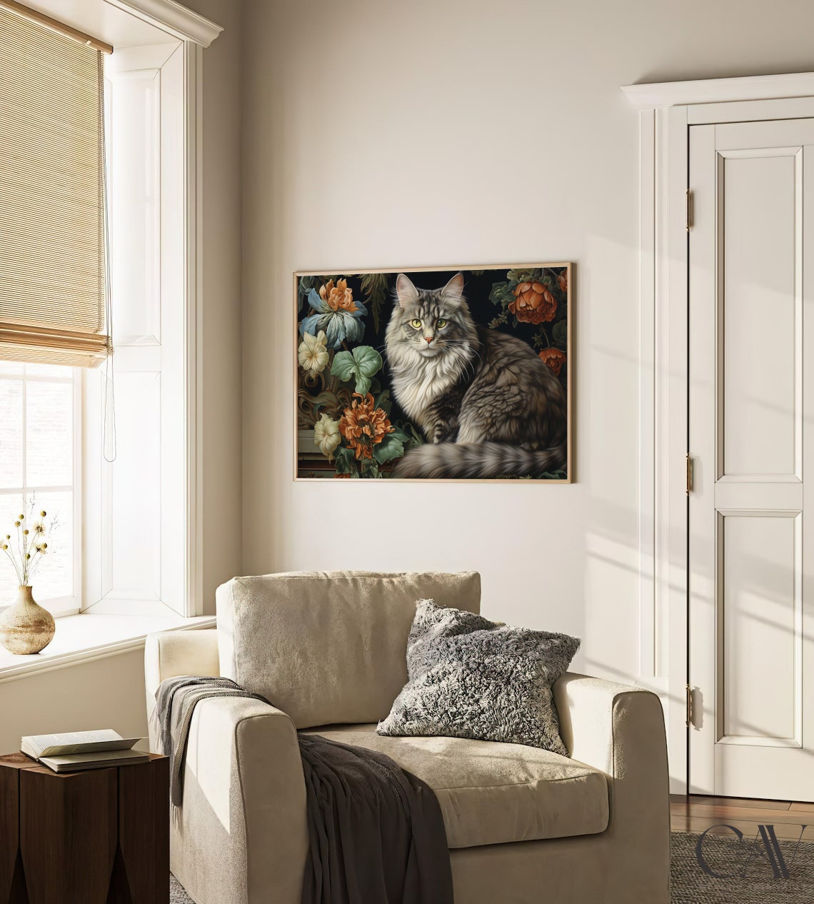Long Haired Tabby Cat Floral Portrait Vintage Pet Art Poster - Image 3