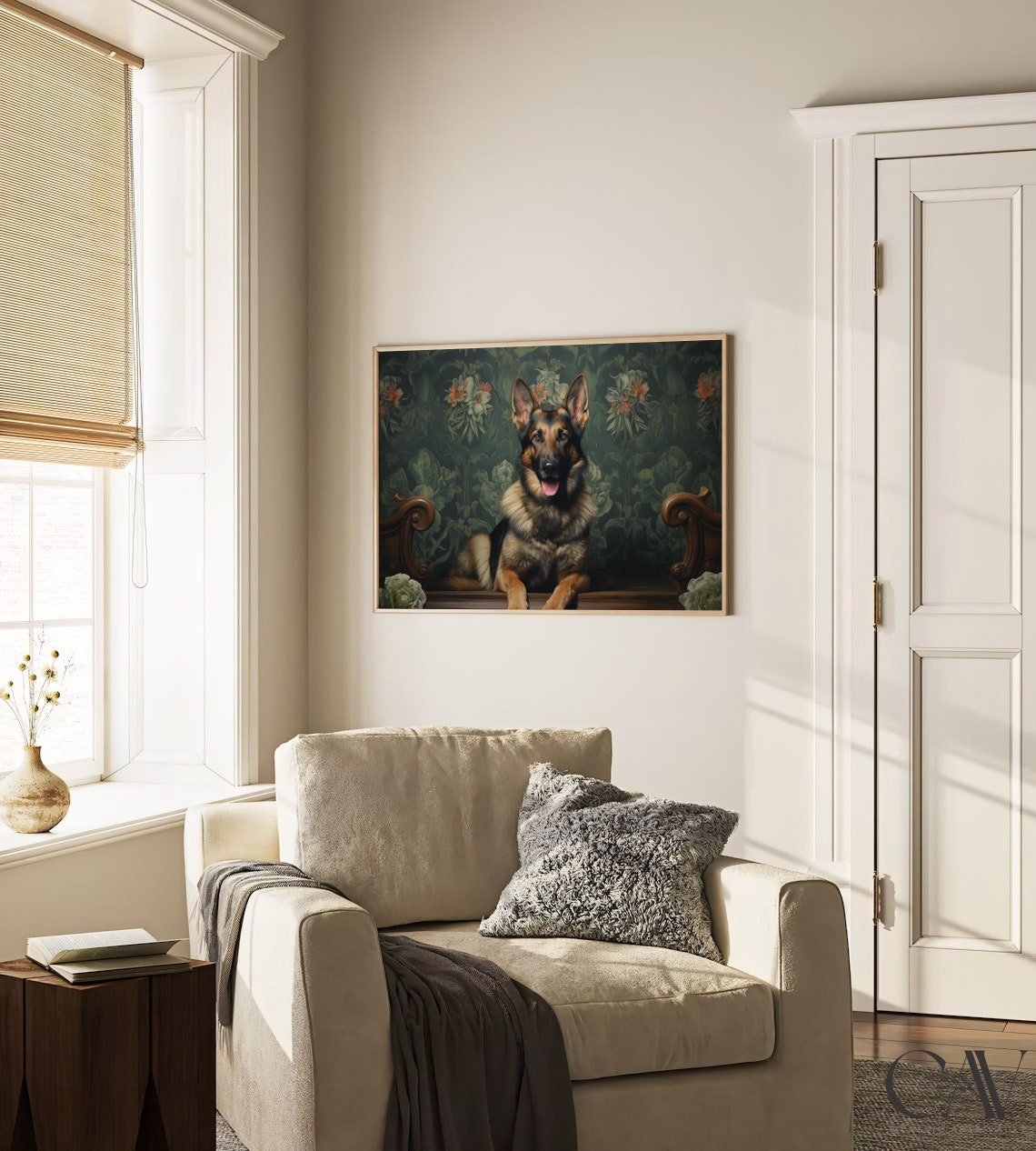 German Shepherd Lying Down On Dark Floral Bench Portrait Poster - Image 3