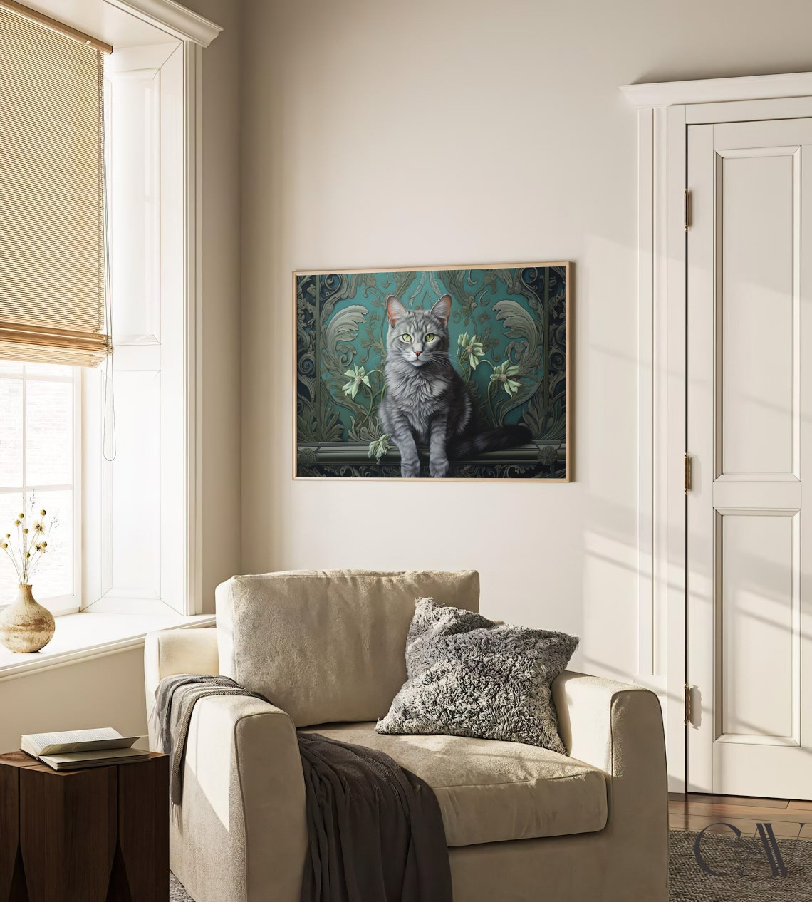 Gray Cat Resting Before a Teal Botanical Morris Inspired Wall Art - Image 2