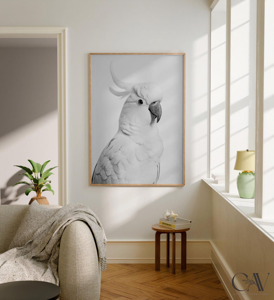 White Cockatoo Portrait Black and White Bird Photography Poster - Image 2