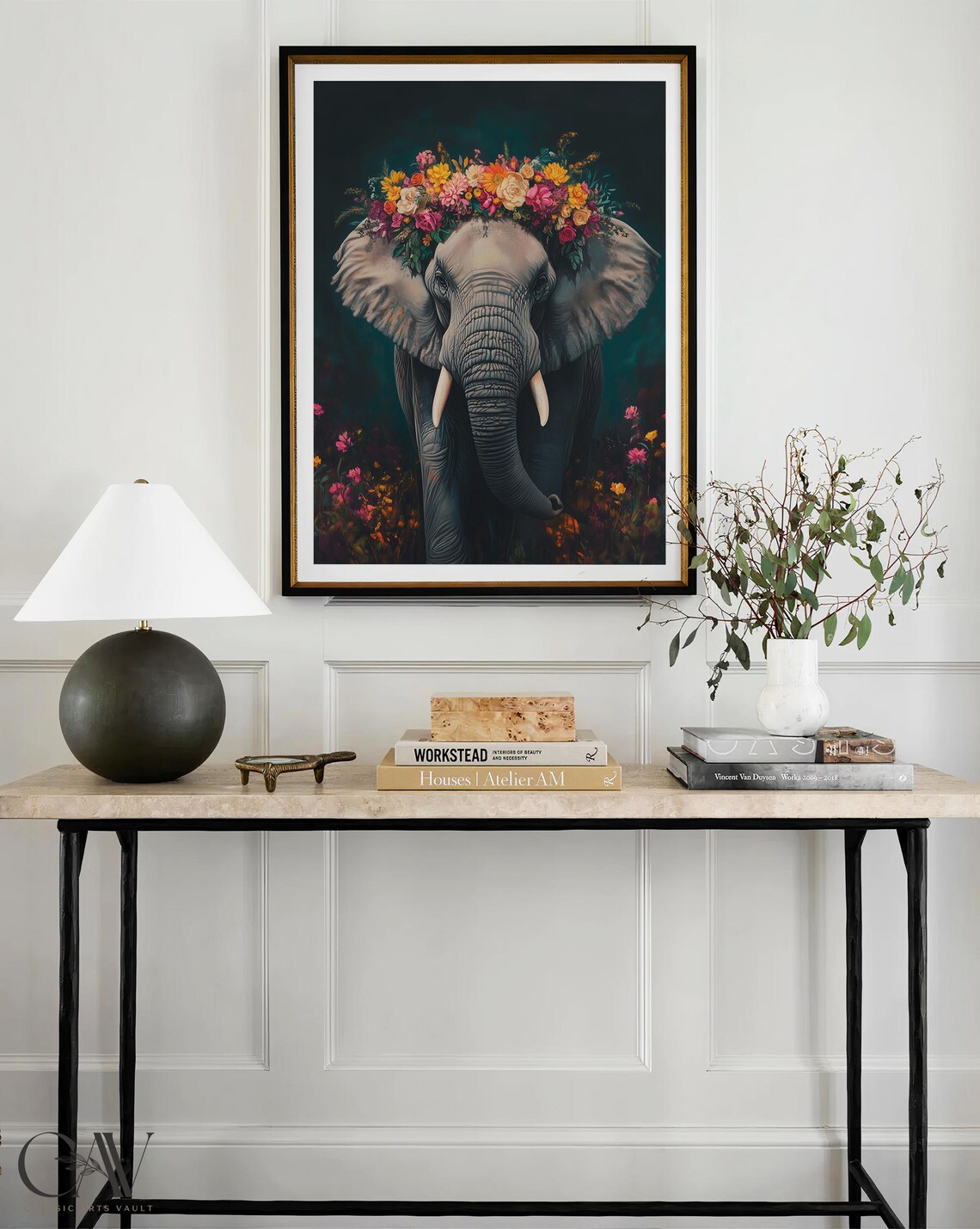 Majestic Elephant Wearing Flower Crown on Dark Teal Botanical Poster - Image 3