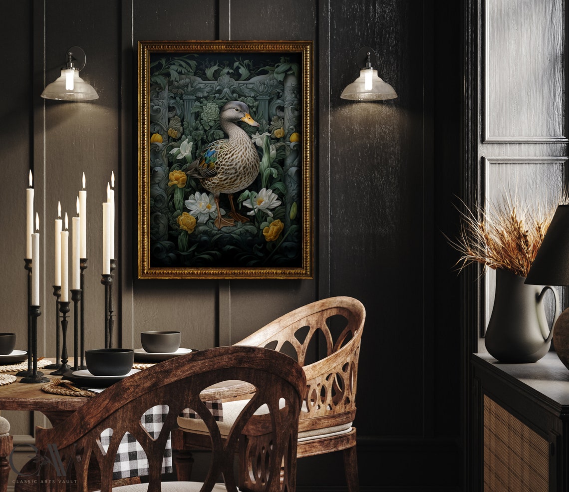 Mallard Duck Among Carved Stone Arch and White Blooms Art Print - Image 2