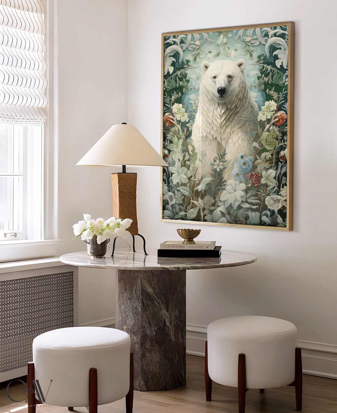 Polar Bear Among Frosted Winter Botanicals in Icy Blue Art Print - Image 3