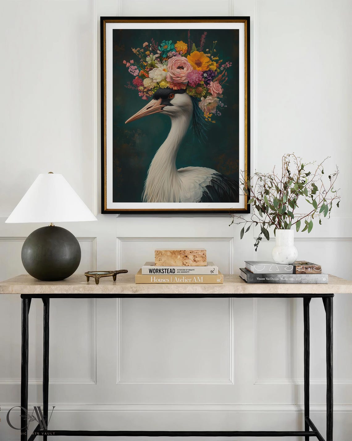 Graceful White Crane With Colorful Floral Crown on Deep Teal Poster - Image 4