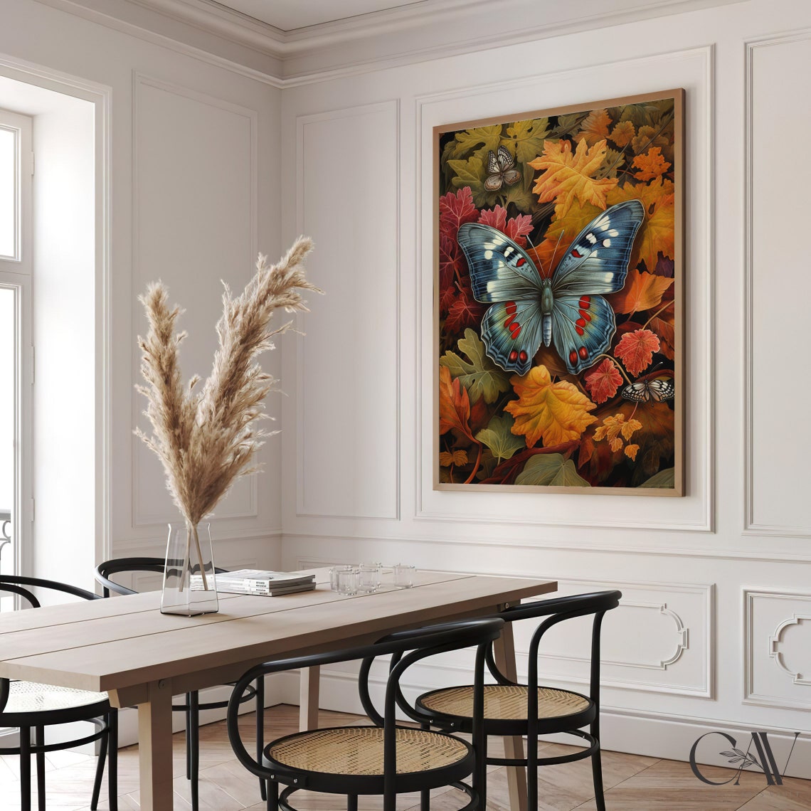 Blue Butterfly Autumn Leaves Vintage Botanical Fall Art Poster - Image 3