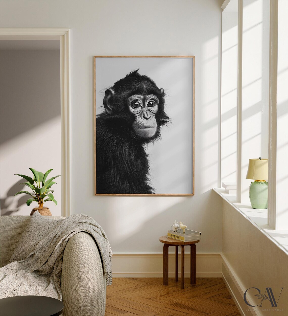 Baby Chimpanzee Black and White Portrait Animal Photography Wall Art - Image 2