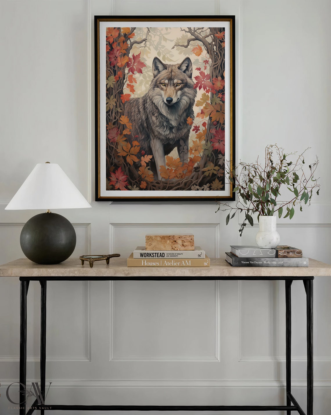 Noble Grey Wolf Standing Among Crimson Autumn Maple Leaves Poster - Image 4