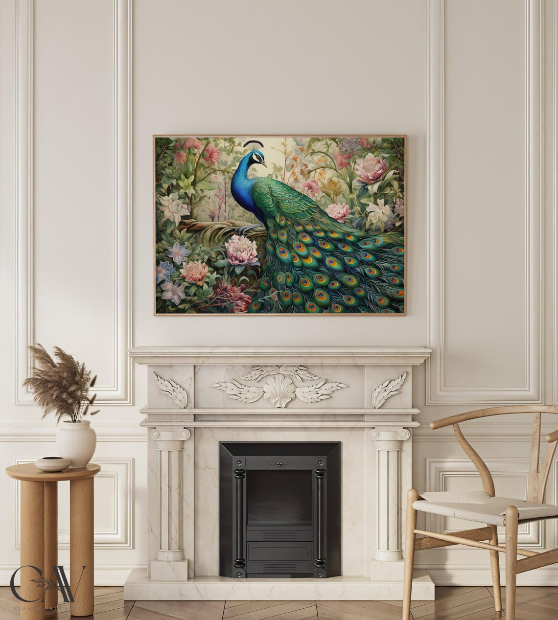 Peacock Displaying Tail In Soft Romantic Flower Garden Poster - Image 4