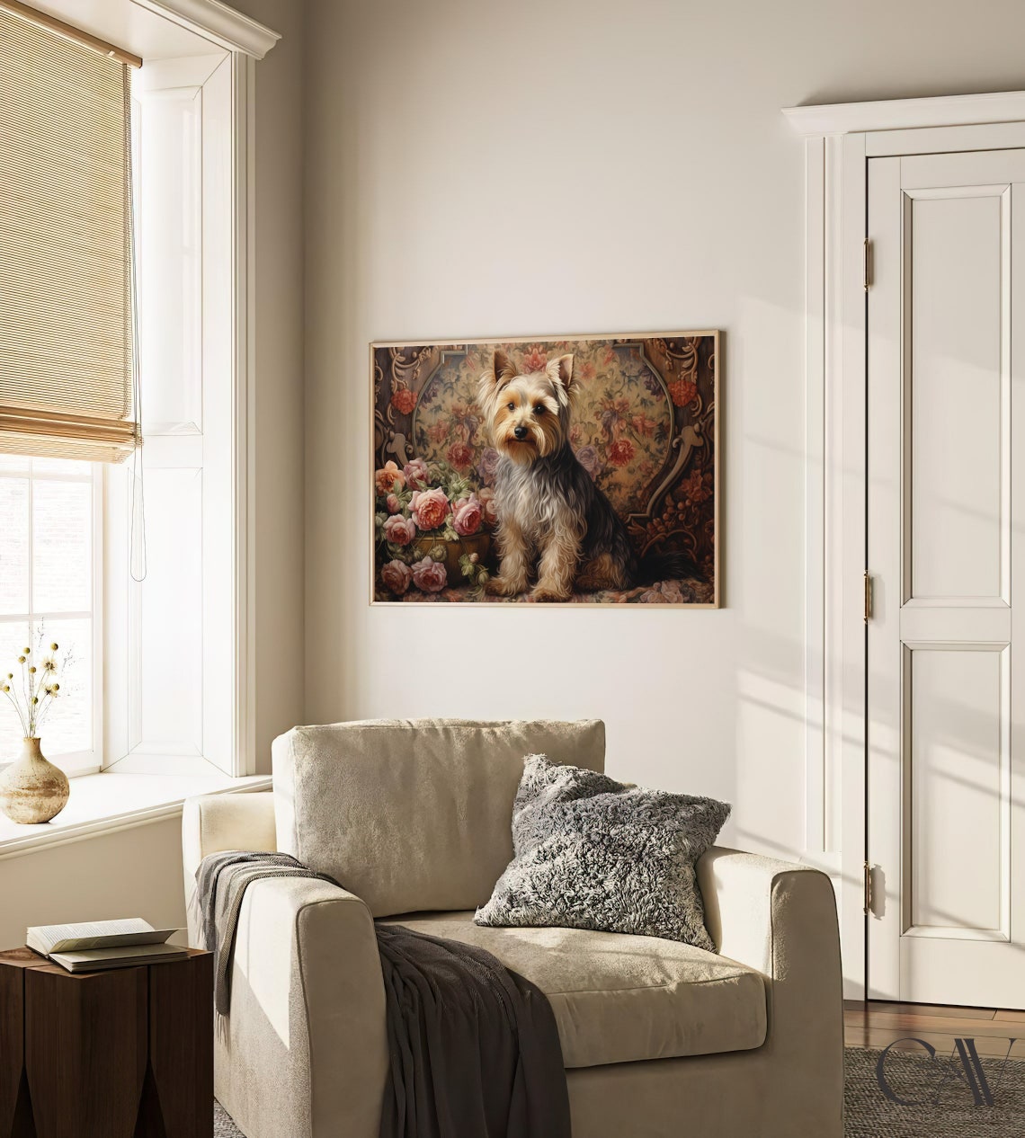 Yorkshire Terrier Puppy with Roses Vintage Floral Tapestry Poster - Image 3