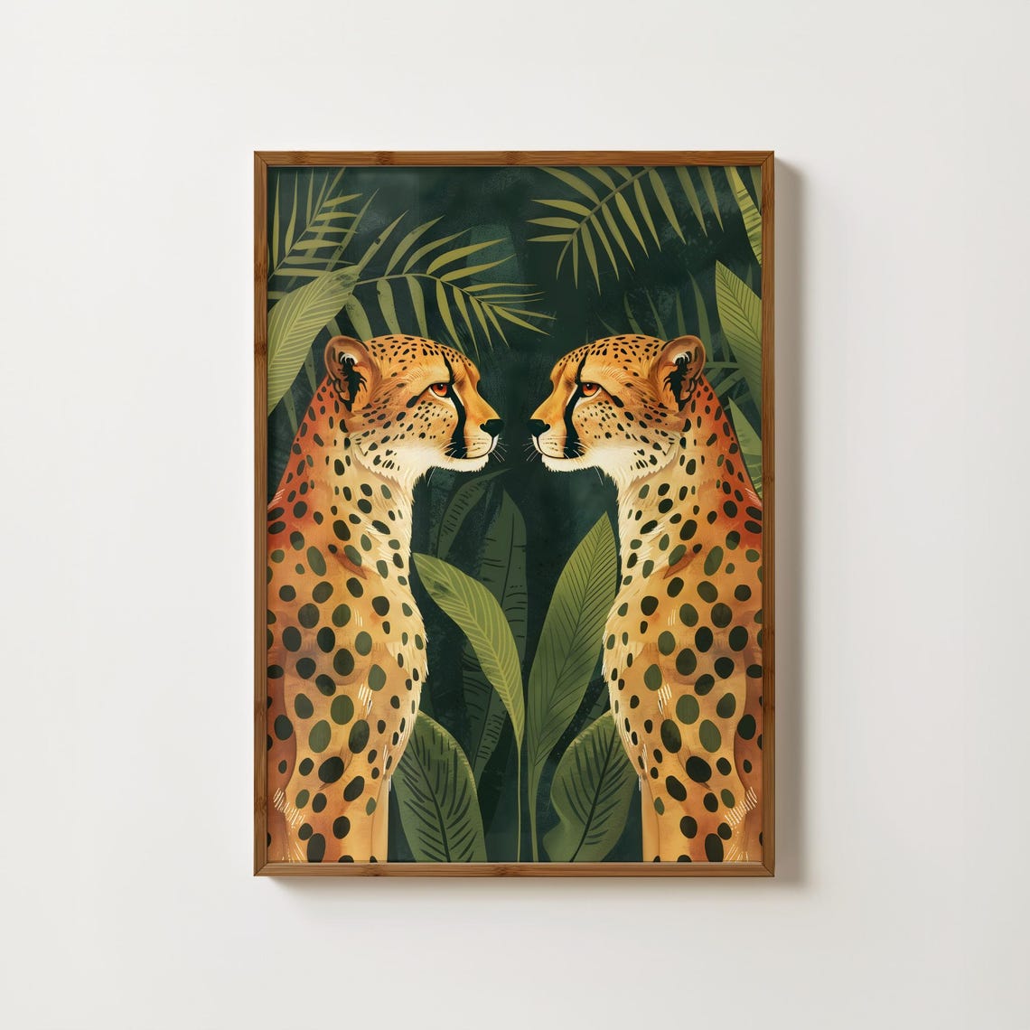 Two Cheetahs Facing Each Other Dark Jungle Leaves Art Poster