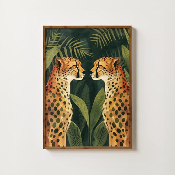 Two Cheetahs Facing Each Other Dark Jungle Leaves Art Poster
