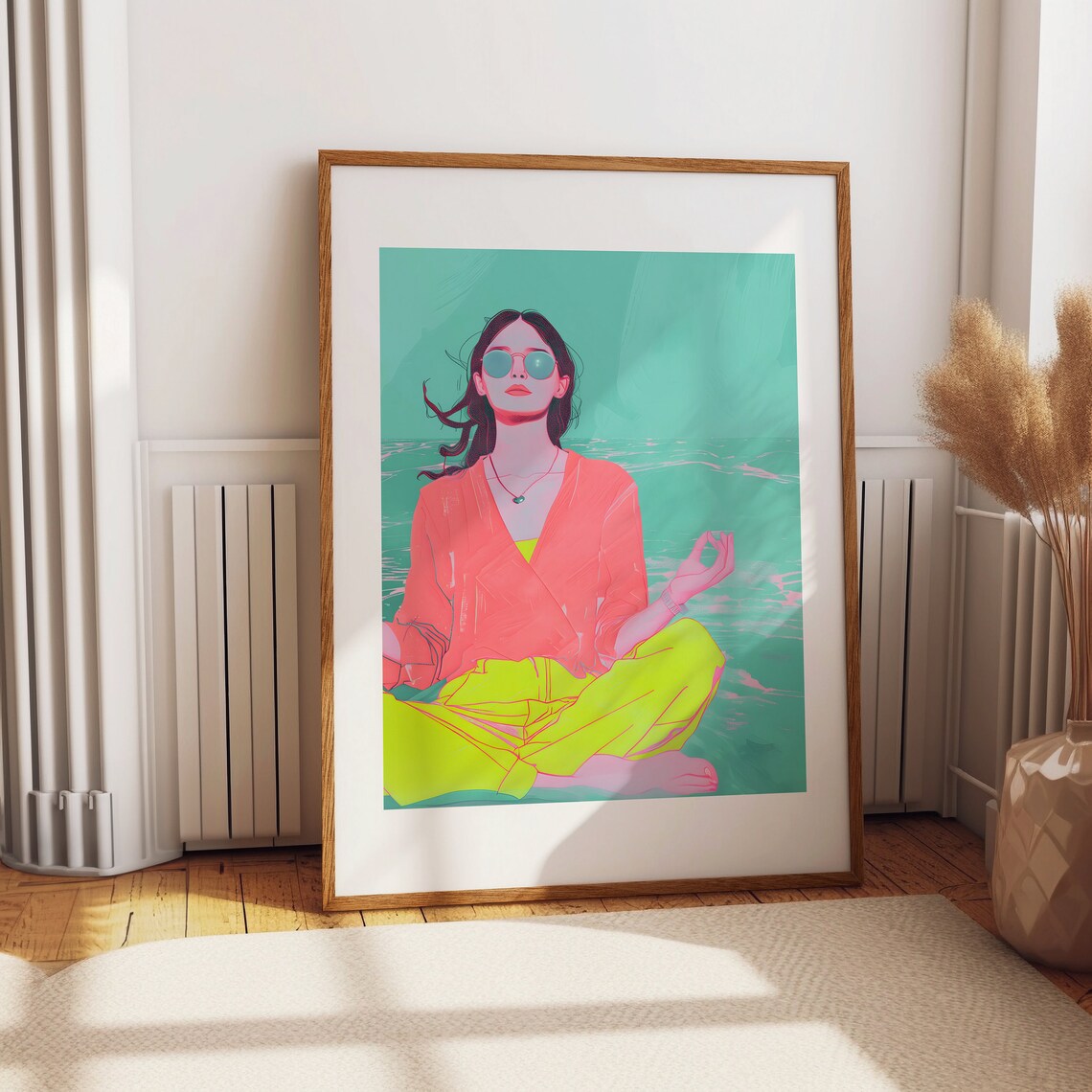 Beach Meditation Pop Art Woman Teal Pink Wellness Calm Poster - Image 2