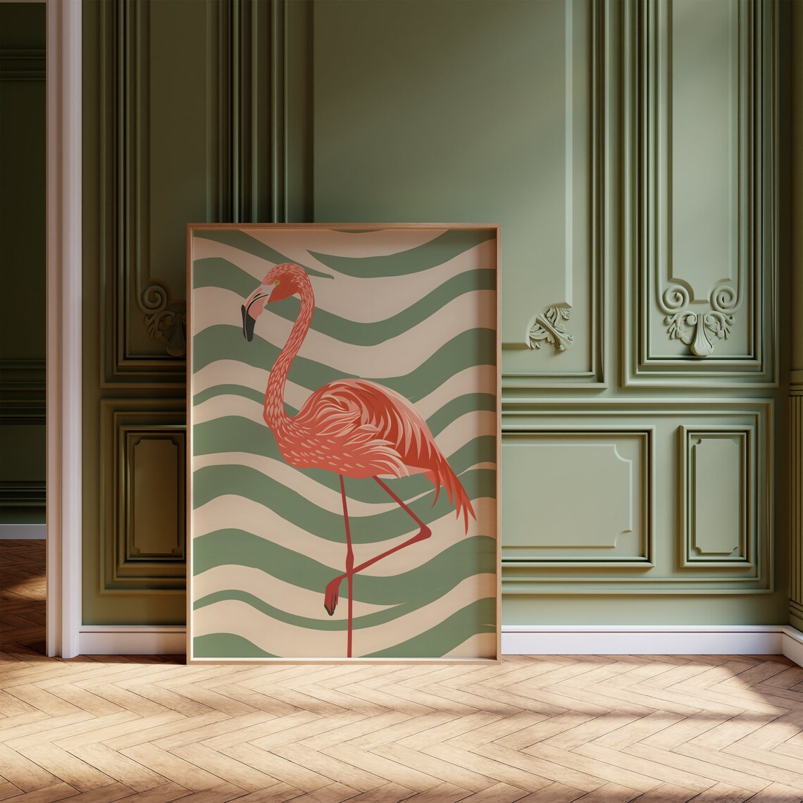 Pink Flamingo Standing on Sage Green Retro Wavy Stripes Poster - Image 4