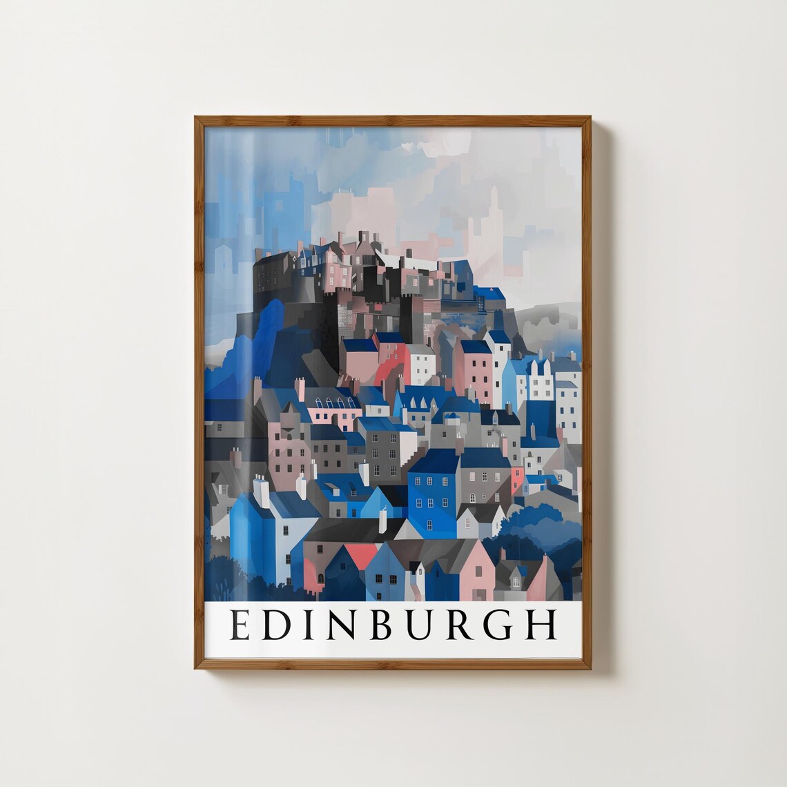 Edinburgh Castle Cubist Blue Pink Cityscape Travel Art Poster