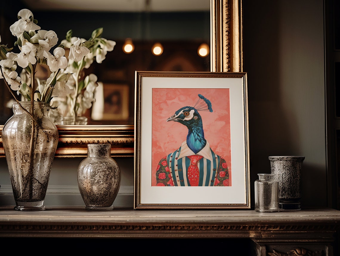 Dapper Peacock Wearing A Striped Suit With Red Tie Art Poster - Image 4