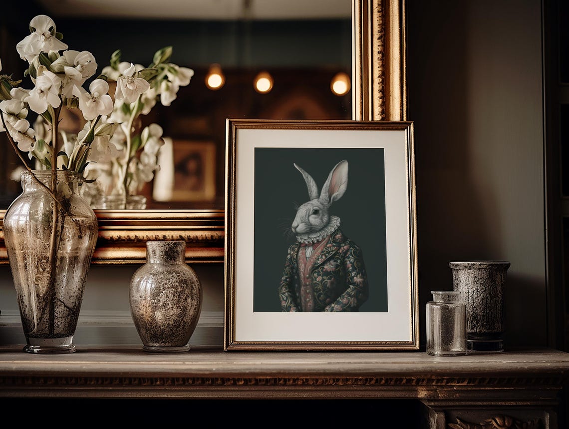 Victorian Rabbit in Brocade Jacket Moody Animal Portrait Poster - Image 2