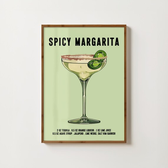 Spicy Margarita Tequila Cocktail Recipe On Green Background Artwork Poster