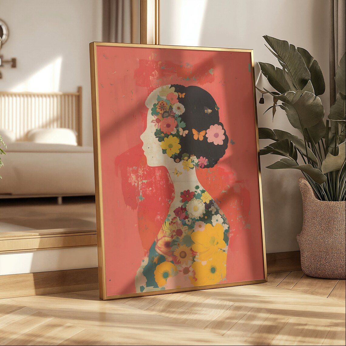 Woman Profile Collage Blooming Flowers Feminine Red Art Poster - Image 4